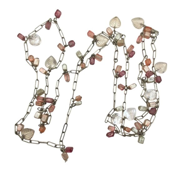 Pink Silver Tone Necklace Earring Set Leaf Accents 46" Paperclip Chain 2" Dangle - Picture 7 of 7